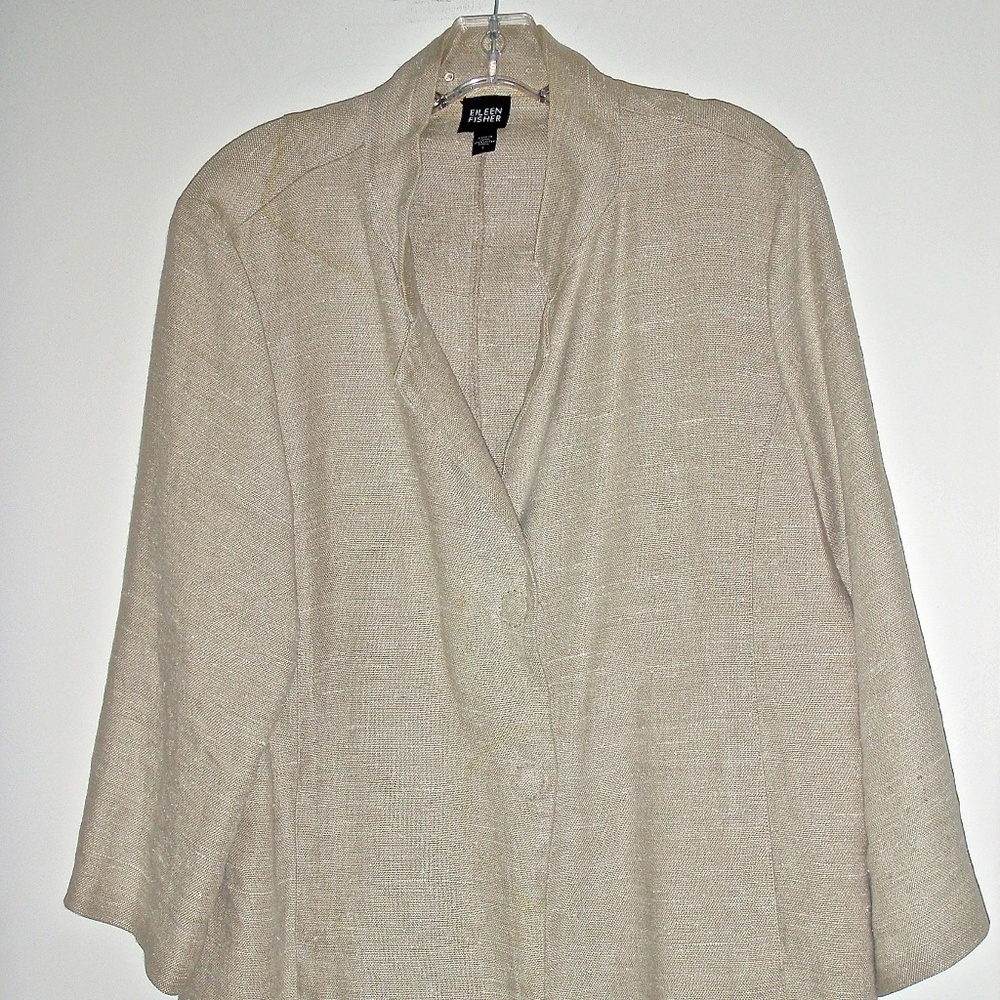 EILEEN FISHER WOMEN'S LINEN & SILK BEIGE JACKET WITH STAND UP COLLAR SIZE L